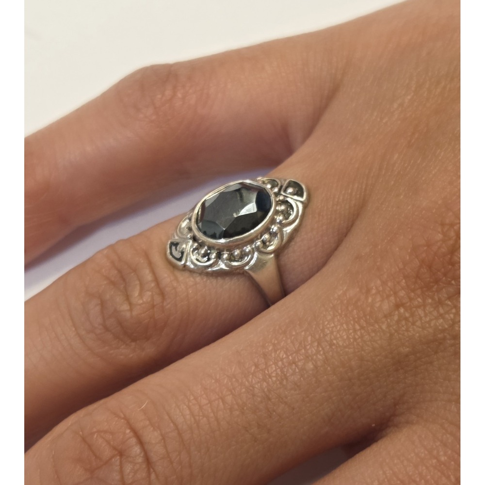 1950s Art Deco Uncas Style Sterling Silver Hematite Ring Size 6